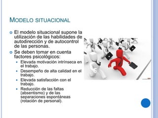 MODELO SITUACIONAL
 El modelo situacional supone la
utilización de las habilidades de
autodirección y de autocontrol
de las personas.
 Se deben tomar en cuenta
factores psicológicos:
 Elevada motivación intrínseca en
el trabajo.
 Desempeño de alta calidad en el
trabajo.
 Elevada satisfacción con el
trabajo.
 Reducción de las faltas
(absentismo) y de las
separaciones espontáneas
(rotación de personal).
 