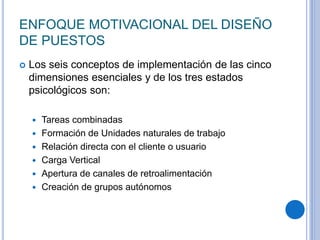 ENFOQUE MOTIVACIONAL DEL DISEÑO
DE PUESTOS
 Los seis conceptos de implementación de las cinco
dimensiones esenciales y de los tres estados
psicológicos son:
 Tareas combinadas
 Formación de Unidades naturales de trabajo
 Relación directa con el cliente o usuario
 Carga Vertical
 Apertura de canales de retroalimentación
 Creación de grupos autónomos
 