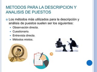 METODOS PARA LA DESCRIPCION Y
ANALISIS DE PUESTOS
 Los métodos más utilizados para la descripción y
análisis de puestos suelen ser los siguientes:
 Observación directa.
 Cuestionario.
 Entrevista directa.
 Métodos mixtos.
 
