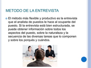 METODO DE LA ENTREVISTA
 El método más ﬂexible y productivo es la entrevista
que el analista de puestos le hace al ocupante del
puesto. Si la entrevista está bien estructurada, se
puede obtener información sobre todos los
aspectos del puesto, sobre la naturaleza y la
secuencia de las diversas tareas que lo componen
y sobre los porqués y cuándos.
 