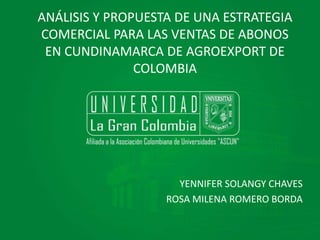 ANÁLISIS Y PROPUESTA DE UNA ESTRATEGIA
COMERCIAL PARA LAS VENTAS DE ABONOS
EN CUNDINAMARCA DE AGROEXPORT DE
COLOMBIA
YENNIFER SOLANGY CHAVES
ROSA MILENA ROMERO BORDA
 