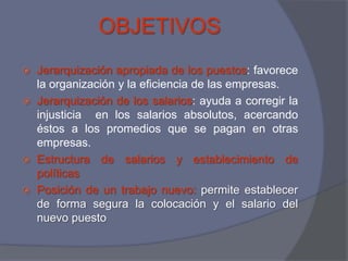 OBJETIVOS
   Jerarquización apropiada de los puestos: favorece
    la organización y la eficiencia de las empresas.
   Jerarquización de los salarios: ayuda a corregir la
    injusticia en los salarios absolutos, acercando
    éstos a los promedios que se pagan en otras
    empresas.
   Estructura de salarios y establecimiento de
    políticas
   Posición de un trabajo nuevo: permite establecer
    de forma segura la colocación y el salario del
    nuevo puesto
 