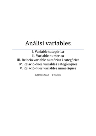 Anàlisi variables
I. Variable categòrica
II. Variable numèrica
III. Relació variable numèrica i categòrica
IV. Relació dues variables categòriques
V. Relació dues variables numèriques
Judit Alsina Rossell

1r Medicina

 