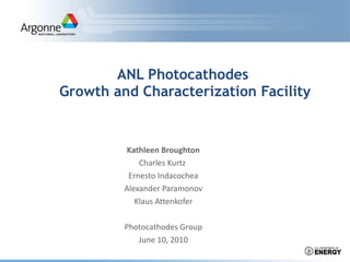 ANL Photocathodes  Growth and Characterization Facility Kathleen Broughton Charles Kurtz  Ernesto Indacochea Alexander Paramonov Klaus Attenkofer Photocathodes Group June 10, 2010 