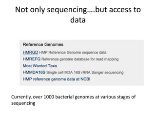 Not only sequencing….but access to 
data 
Currently, over 1000 bacterial genomes at various stages of 
sequencing 
 