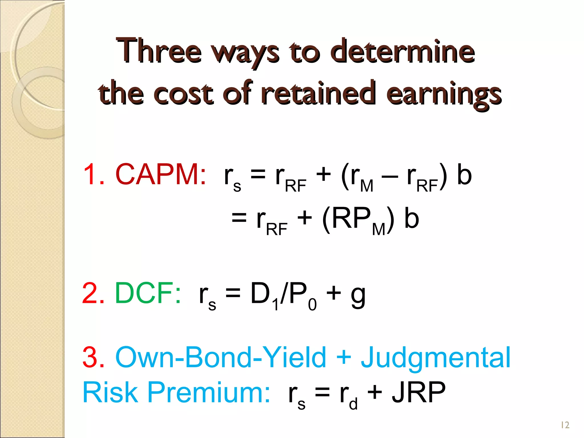 Three ways to determine
 the cost of retained earnings

1. CAPM: rs = rRF + (rM – rRF) b
          = rRF + (RPM) b

2. DCF: rs = D1/P0 + g

3. Own-Bond-Yield + Judgmental
Risk Premium: rs = rd + JRP
                                   12
 