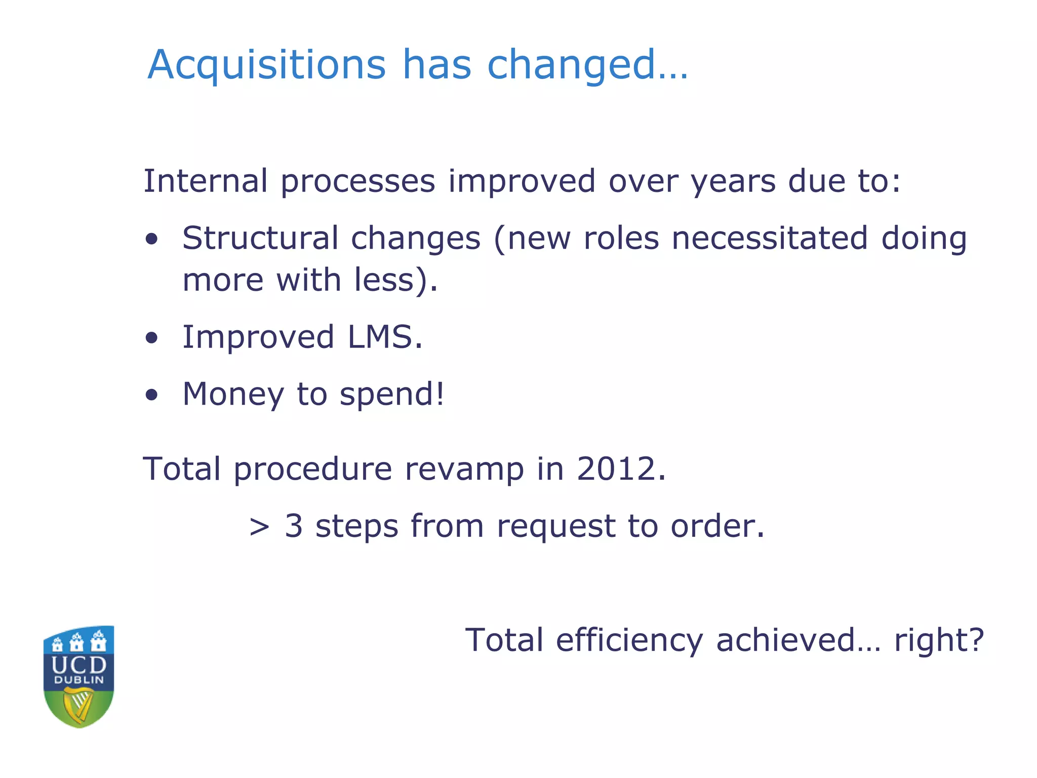 Acquisitions has changed…
Internal processes improved over years due to:
• Structural changes (new roles necessitated doing
more with less).
• Improved LMS.
• Money to spend!
Total procedure revamp in 2012.
> 3 steps from request to order.
Total efficiency achieved… right?
 