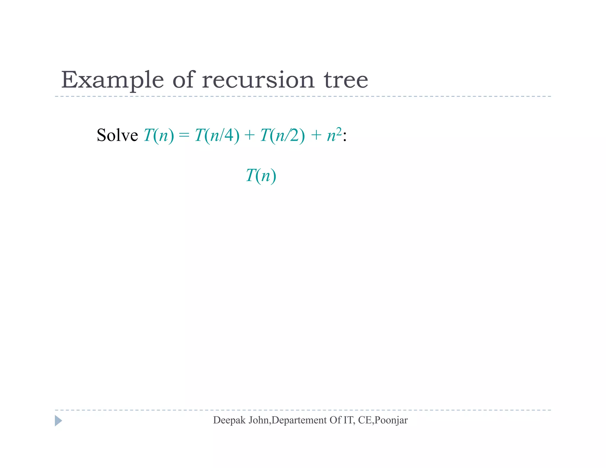 Example of recursion treeExample of recursion tree
Solve T(n) = T(n/4) + T(n/2) + n2:
T(n)
 