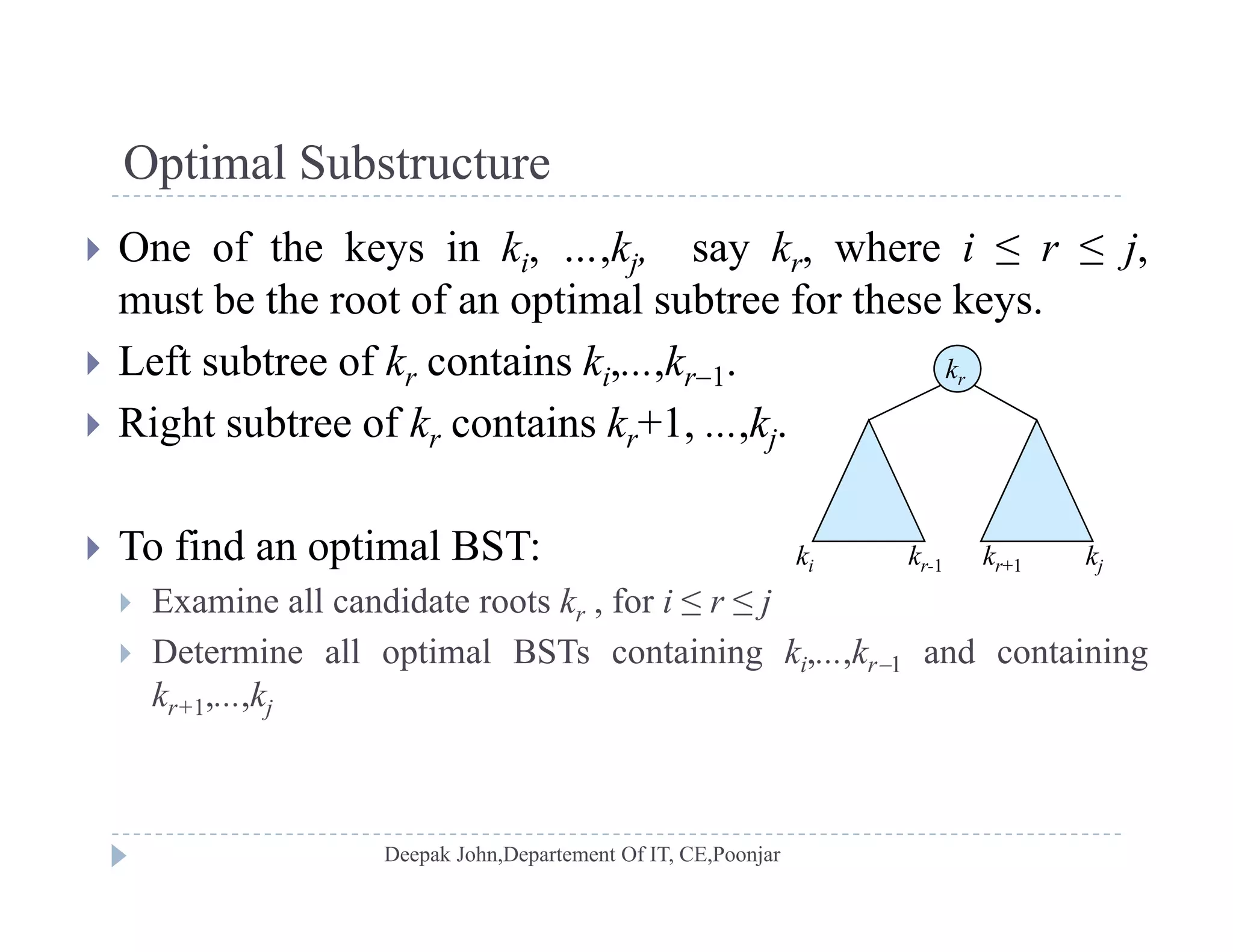 Optimal SubstructureOptimal Substructure
 One of the keys in ki, …,kj, say kr, where i ≤ r ≤ j,
must be the root of an optimal subtree for these keysmust be the root of an optimal subtree for these keys.
 Left subtree of kr contains ki,...,kr1.
 Ri ht bt f k t i k +1 k
kr
 Right subtree of kr contains kr+1, ...,kj.
T fi d ti l BST To find an optimal BST:
 Examine all candidate roots kr , for i ≤ r ≤ j
 Determine all optimal BSTs containing k k and containing
ki kr-1 kr+1 kj
 Determine all optimal BSTs containing ki,...,kr1 and containing
kr+1,...,kj
 