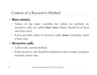 Content of a Recursive MethodContent of a Recursive Method
 Base case(s).
 V l f th i t i bl f hi h f Values of the input variables for which we perform no
recursive calls are called base cases (there should be at least
one base case).
 Every possible chain of recursive calls must eventually reach
a base case.
R i ll Recursive calls.
 Calls to the current method.
 Each recursive call should be defined so that it makes progress Each recursive call should be defined so that it makes progress
towards a base case.
 