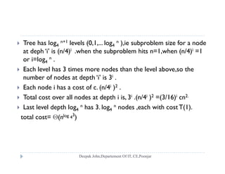  Tree has log4
n+1 levels (0,1,... log4
n ),ie subproblem size for a node
at deph ‘i’ is (n/4)i .when the subproblem hits n=1,when (n/4)i =1p ( ) p , ( )
or i=log4
n .
 Each level has 3 times more nodes than the level above,so the
b f d t d th ‘i’ i 3inumber of nodes at depth ‘i’ is 3i .
 Each node i has a cost of c. (n/4i )2 .
 Total cost over all nodes at depth i is 3i (n/4i )2 =(3/16)i cn2. Total cost over all nodes at depth i is, 3 .(n/4 ) =(3/16) cn
 Last level depth log4
n has 3. log4
n nodes ,each with cost T(1).
total cost= (nlog 4
3
)( )
 