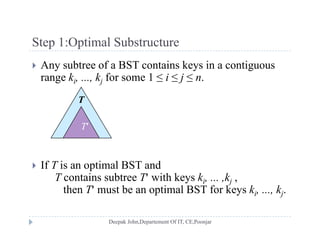 Step 1:Optimal SubstructureStep 1:Optimal Substructure
 Any subtree of a BST contains keys in a contiguous
range k k for some 1 ≤ i ≤ j ≤ nrange ki, ..., kj for some 1 ≤ i ≤ j ≤ n.
T
T
 If T is an optimal BST andp
T contains subtree T with keys ki, ... ,kj ,
then T must be an optimal BST for keys ki, ..., kj.
 