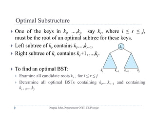 Optimal SubstructureOptimal Substructure
 One of the keys in ki, …,kj, say kr, where i ≤ r ≤ j,
must be the root of an optimal subtree for these keysmust be the root of an optimal subtree for these keys.
 Left subtree of kr contains ki,...,kr1.
 Ri ht bt f k t i k +1 k
kr
 Right subtree of kr contains kr+1, ...,kj.
T fi d ti l BST To find an optimal BST:
 Examine all candidate roots kr , for i ≤ r ≤ j
 Determine all optimal BSTs containing k k and containing
ki kr-1 kr+1 kj
 Determine all optimal BSTs containing ki,...,kr1 and containing
kr+1,...,kj
 