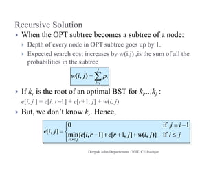 Recursive Solution
 When the OPT subtree becomes a subtree of a node:
 Depth of every node in OPT subtree goes up by 1.
 E t d h t i b (i j) i th f ll th Expected search cost increases by w(i,j) ,is the sum of all the
probabilities in the subtree
 If kr is the root of an optimal BST for ki,..,kj :r p i j
e[i, j ] = e[i, r1] + e[r+1, j] + w(i, j).
 But, we don’t know kr. Hence,
 