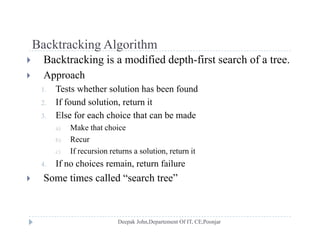 Backtracking AlgorithmBacktracking Algorithm
 Backtracking is a modified depth-first search of a tree.
 Approach Approach
1. Tests whether solution has been found
2. If found solution, return it
3. Else for each choice that can be made
a) Make that choice
b) Recurb) Recur
c) If recursion returns a solution, return it
4. If no choices remain, return failure
 Some times called “search tree”
 