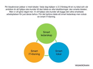Smart
ledarskap
Smart
IT-lösning
Smart
lokal
På Vasakronan jobbar vi med lokaler. Varje dag hjälper vi 2-3 företag till en...