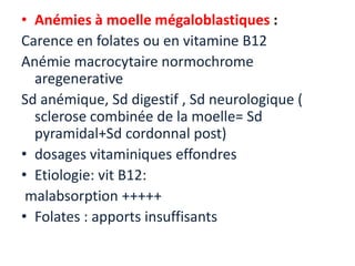 • Anémies à moelle mégaloblastiques :
Carence en folates ou en vitamine B12
Anémie macrocytaire normochrome
  aregenerative
Sd anémique, Sd digestif , Sd neurologique (
  sclerose combinée de la moelle= Sd
  pyramidal+Sd cordonnal post)
• dosages vitaminiques effondres
• Etiologie: vit B12:
 malabsorption +++++
• Folates : apports insuffisants
 