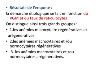 • Résultats de l’enquete :
la démarche étiologique se fait en fonction du
   VGM et du taux de réticulocytes
On distingue ainsi trois grands groupes :
• 1.les anémies microcytaire régénératives et
 arégeneratives
• 2.les anémies macrocytaires et /ou
   normocytaires régénératives
• 3. les anémies macrocytaires et /ou
   normocytaires arégeneratives.
 