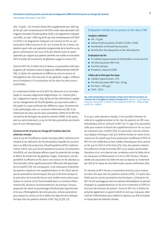 6
Paramètres érythrocytaires avancés dans le diagnostic différentiel et la prise en charge de l’anémie
Hématologie white paper | mai 2021*
(Hb < 13 g/dL, < 8,1 mmol/L) devait être supplémenté avec 200 mg
de fer par voie intraveineuse et 40 000 unités internationales (UI)
d’agents stimulant l’érythropoïèse (ASE) si le diagramme indiquait
une AMC, ou avec 1 000 mg de fer par voie intraveineuse et 10 000
UI d’ASE si le diagramme indiquait une carence en fer ou une
association AMC/carence en fer. Sur la base de ces critères, les
patients ayant subi une opération programmée de la hanche ou du
genou présentaient des taux d’Hb plus élevés avant et après
opération par rapport aux patients anémiés non traités et recevaient
44% d’unités de transfusion de globules rouges en moins [17].
Outre le RET-He, le Delta-He est devenu un paramètre utile dans
la gestion de l’anémie et dans le diagnostic différentiel des AMC/AF
[18]. Le Delta-He représente la différence entre la teneur en
hémoglobine des réticulocytes et des globules rouges, reflétant
ainsi la tendance à l’incorporation du fer dans les précurseurs
érythroïdes.
En combinant le Delta-He et le RET-He, Weimann et al. ont déve-
loppé un nouveau diagramme diagnostique. Le « Haema plot »
(ou « diagramme Haema » (Fig. 4)) fournit des informations rapides
sur les changements de l’érythropoïèse, qui pourraient aider à
décrypter la cause profonde des différents types d’anémie liés
à des pathologies dans un contexte inflammatoire [18]. Il est
intéressant de noter que les deux paramètres, Delta-He et RET-He,
ont permis de distinguer les patients atteints d’AMC et de sepsis,
avec ou sans traitement, ce qui en fait des paramètres pertinents
pour le suivi thérapeutique.
Carence en fer et prise en charge de l’anémie dans les
atteintes rénales
Dans le cas de l’insuffisance rénale chronique (IRC), l’anémie est le
résultat d’une altération de l’érythropoïèse, laquelle est souvent
due à un déficit de production d’érythropoïétine (EPO). L’adminis-
tration d’ASE, tels que l’érythropoïétine humaine recombinante
(rHuEPO), est une thérapie efficace ayant le potentiel de corriger
le déficit de production de globules rouges. Cependant, une dis-
ponibilité insuffisante en fer, due à une carence en fer absolue ou
fonctionnelle, limite significativement l’efficacité thérapeutique
de la rHuEPO [19]. Par conséquent, il est nécessaire d’identifier
les patients requérant une supplémentation en fer. Étant donné
que les paramètres biochimiques tels que la ferritine sérique et
la saturation de la transferrine se sont révélés moins précis pour
évaluer la carence en fer fonctionnelle dans un contexte inflam-
matoire [6], plusieurs recommandations de pratique clinique
proposent de retenir le pourcentage d’érythrocytes hypochromes
et le taux d’hémoglobine des réticulocytes comme paramètres
pour évaluer la carence en fer et définir les objectifs de la thérapie
ferrique chez les patients atteints d’IRC (Fig. 5) [20, 21].
Fig. 5 Recommandations de pratique clinique de la Renal Association sur
l’anémie liée à l’insuffisance rénale chronique [21]. Une Hb < 11 g/dL équivaut
à une Hb < 6,8 mmol/L en unités SI. Par conséquent, le RET-He > 29 pg est égal
au RET-He > 1,8 fmol.
Évaluation initiale de la carence en fer dans l’IRC
Analyse cellulaire
Hb < 11 g/dL
Indices érythrocytaires (TCMH, CCMH, VGM)
Numération et formule leucocytaire
Numération des plaquettes et des réticulocytes
Évaluation du fer
% Cellules hypochromes (si l’échantillon a moins de 6 h)
Hb réticulocytaire (RET-He)
Ferritine sérique
Protéine C-réactive (CRP)
Cibles de la thérapie ferrique
Cellules hypochromes < 6%
Hb réticulocytaire (RET-He) > 29 pg
Ferritine > 100 µg/L
TSAT > 20%
À ce jour, selon plusieurs études, il est possible d’évaluer la
cible de la supplémentation en fer chez les patients en IRC sous
hémodialyse [22] en utilisant le RET-He. Il s’agit d’un paramètre
utile pour évaluer le besoin de supplémentation en fer au cours
du traitement par rHuEPO [20]. En particulier chez les enfants
sous dialyse chronique, chez qui l’anémie évolue en raison d’une
carence en fer plutôt que d’une production insuffisante d’EPO, le
RET-He s’est révélé être un bien meilleur biomarqueur de la carence
en fer que la TSAT et la ferritine [23]. Chez des patients atteints
d’insuffisance rénale terminale (IRT) sous dialyse péritonéale,
Danielson et al. ont observé une corrélation entre le Delta-He et
les marqueurs d’inflammation IL-6 et hs-CRP. De plus, l’étude a
révélé une association du Delta-He avec la réponse au traitement
par ASE et le risque de mortalité toutes causes confondues [24].
En résumé, le RET-He est un paramètre précieux pour évaluer
le statut ferrique chez les patients atteints d’IRC. Il s’avère plus
fiable que les autres paramètres biochimiques. L’utilisation du
RET-He est avantageuse chez les patients hémodialysés et permet
d’adapter la supplémentation en fer et le traitement à l’EPO en
fonction des besoins du patient. Outre le RET-He, le Delta-He
présente également un grand intérêt en tant que marqueur alter-
natif de l’inflammation pour prédire la réponse aux ASE et évaluer
le risque dans les atteintes rénales.
 