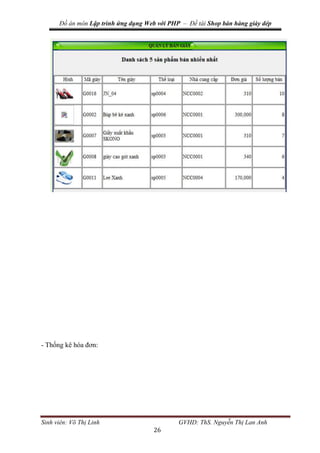 Đồ án môn Lập trình ứng dụng Web với PHP – Đề tài Shop bán hàng giày dép
Sinh viên: Võ Thị Linh GVHD: ThS. Nguyễn Thị Lan Anh
26
- Thống kê hóa đơn:
 