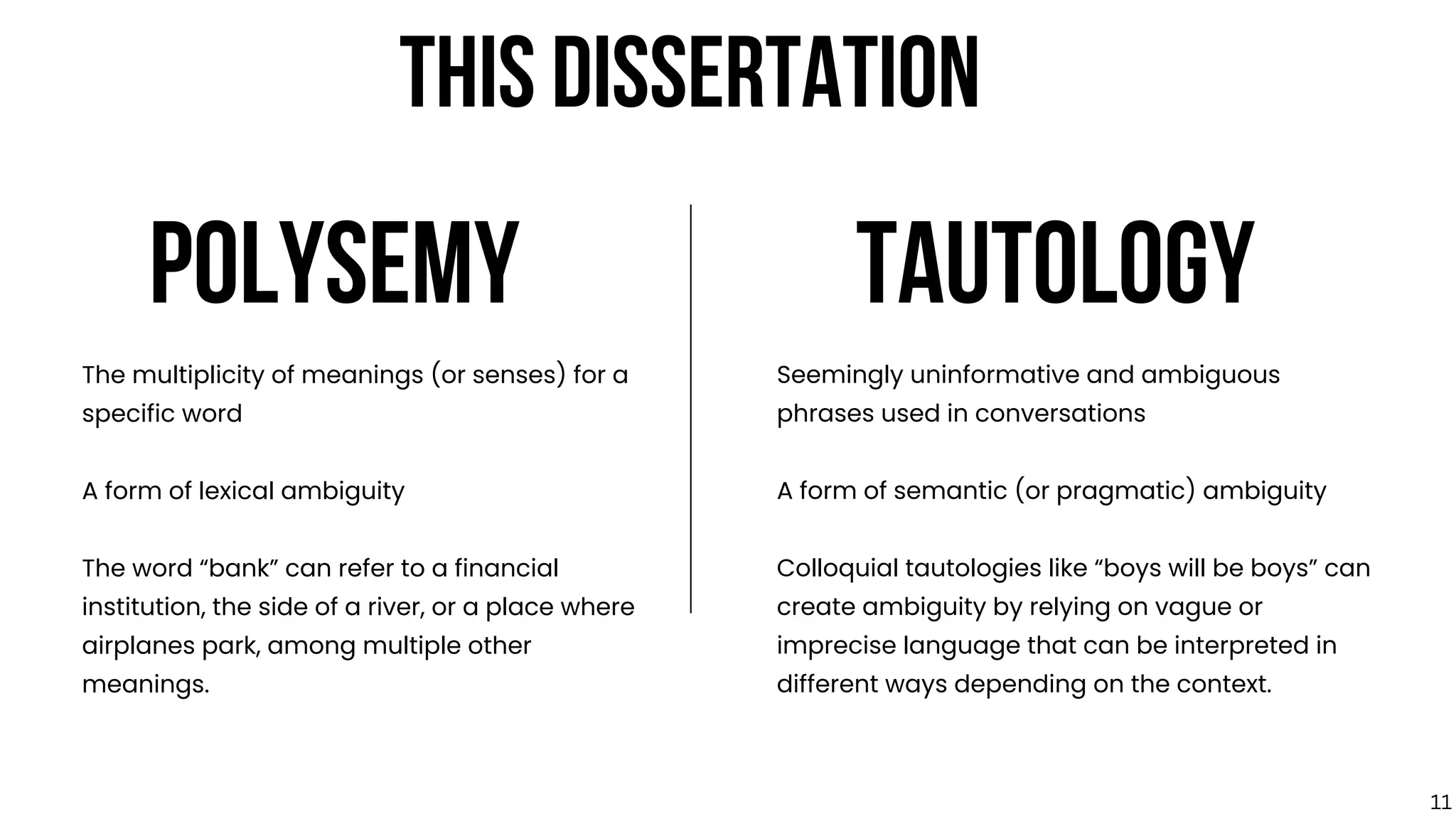 POLYSEMY TAUTOLOGY
The multiplicity of meanings (or senses) for a
specific word
A form of lexical ambiguity
The word “bank” can refer to a financial
institution, the side of a river, or a place where
airplanes park, among multiple other
meanings.
Seemingly uninformative and ambiguous
phrases used in conversations
A form of semantic (or pragmatic) ambiguity
Colloquial tautologies like “boys will be boys” can
create ambiguity by relying on vague or
imprecise language that can be interpreted in
different ways depending on the context.
THIS DISSERTATION
11
 