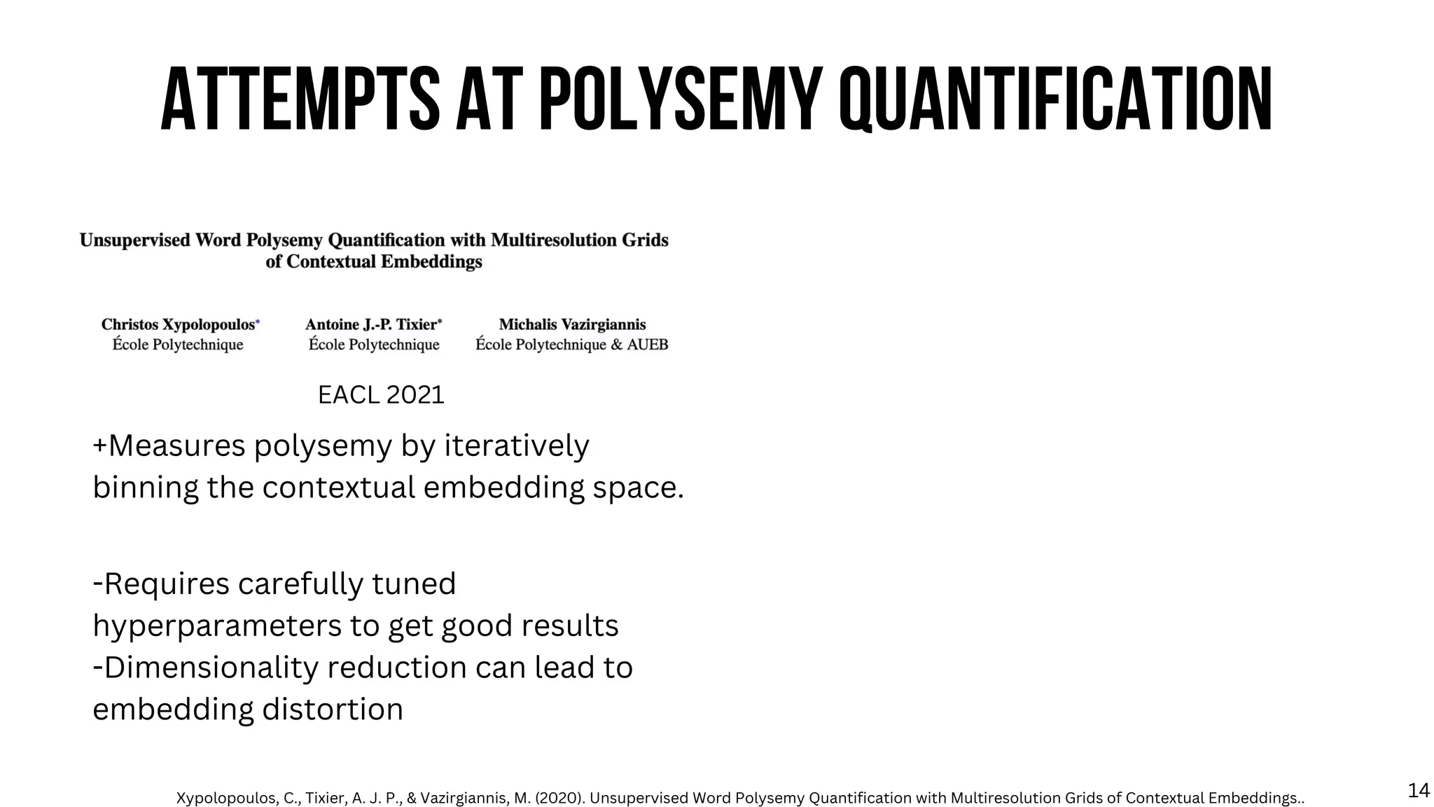 ATTEMPTS AT POLYSEMY QUANTIFICATION
EACL 2021
-Requires carefully tuned
hyperparameters to get good results
-Dimensionality reduction can lead to
embedding distortion
+Measures polysemy by iteratively
binning the contextual embedding space.
Xypolopoulos, C., Tixier, A. J. P., & Vazirgiannis, M. (2020). Unsupervised Word Polysemy Quantification with Multiresolution Grids of Contextual Embeddings.. 14
 
