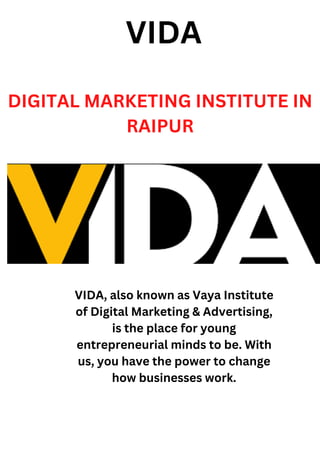 VIDA
VIDA, also known as Vaya Institute
of Digital Marketing & Advertising,
is the place for young
entrepreneurial minds to be. With
us, you have the power to change
how businesses work.
DIGITAL MARKETING INSTITUTE IN
RAIPUR
 