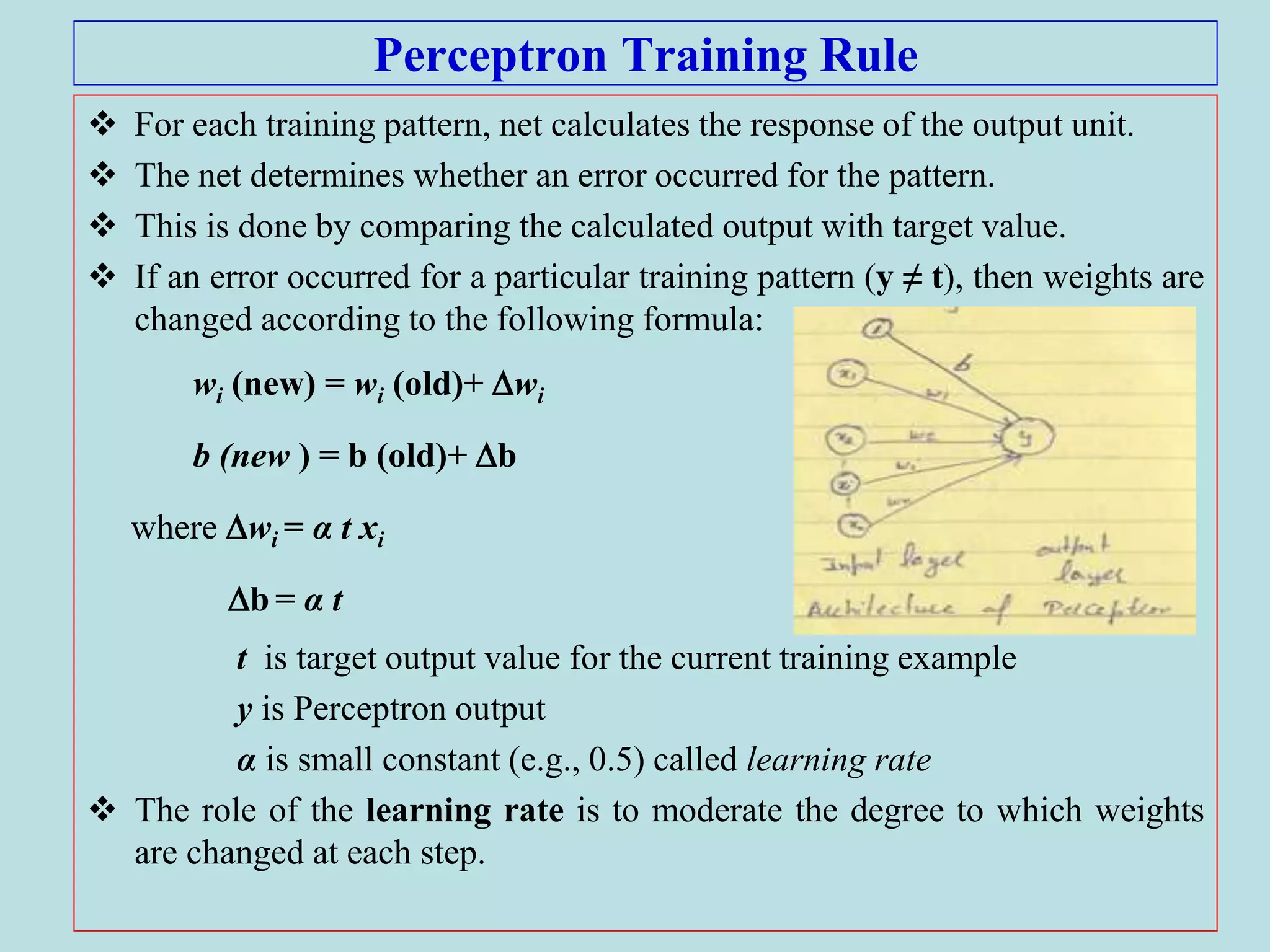 Perceptron Training Rule
 For each training pattern, net calculates the response of the output unit.
 The net determines whether an error occurred for the pattern.
 This is done by comparing the calculated output with target value.
 If an error occurred for a particular training pattern (y ≠ t), then weights are
changed according to the following formula:
wi (new) = wi (old)+ wi
b (new ) = b (old)+ b
where wi = α t xi
b = α t
t is target output value for the current training example
y is Perceptron output
α is small constant (e.g., 0.5) called learning rate
 The role of the learning rate is to moderate the degree to which weights
are changed at each step.
 