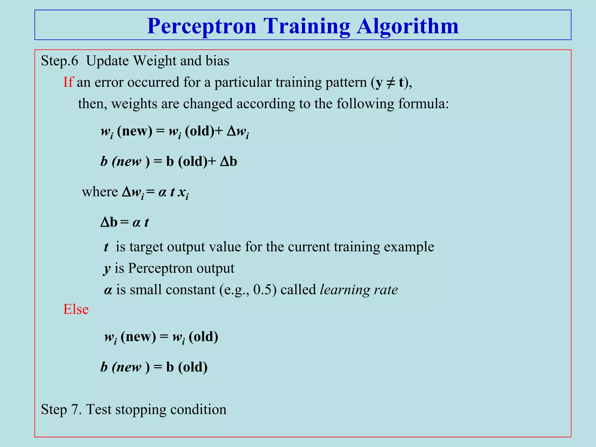 Perceptron Training Algorithm
Step.6 Update Weight and bias
If an error occurred for a particular training pattern (y ≠ t),
then, weights are changed according to the following formula:
wi (new) = wi (old)+ wi
b (new ) = b (old)+ b
where wi = α t xi
b = α t
t is target output value for the current training example
y is Perceptron output
α is small constant (e.g., 0.5) called learning rate
Else
wi (new) = wi (old)
b (new ) = b (old)
Step 7. Test stopping condition
 