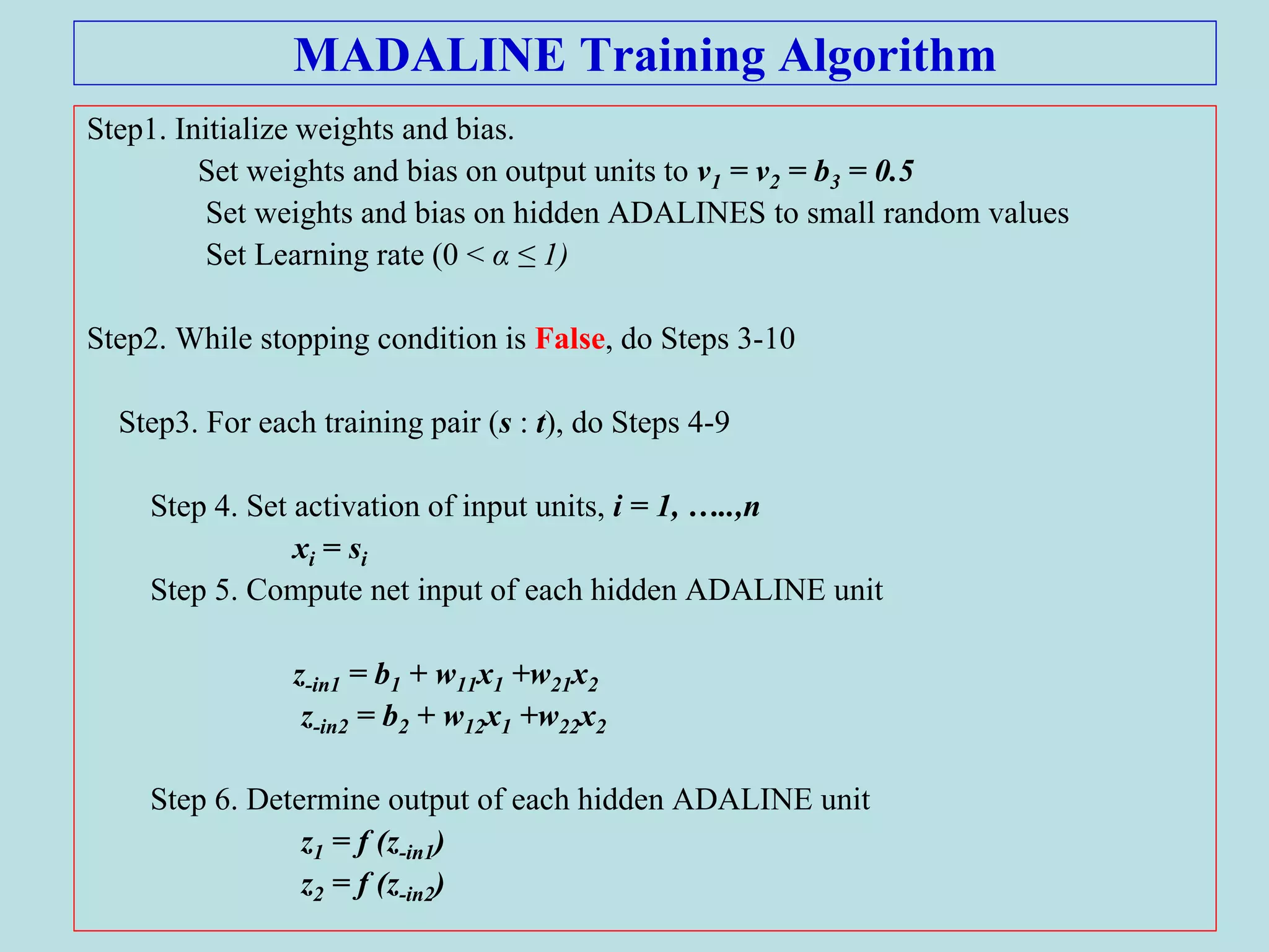 MADALINE Training Algorithm
Step1. Initialize weights and bias.
Set weights and bias on output units to v1 = v2 = b3 = 0.5
Set weights and bias on hidden ADALINES to small random values
Set Learning rate (0 < α ≤ 1)
Step2. While stopping condition is False, do Steps 3-10
Step3. For each training pair (s : t), do Steps 4-9
Step 4. Set activation of input units, i = 1, …..,n
xi = si
Step 5. Compute net input of each hidden ADALINE unit
z-in1 = b1 + w11x1 +w21x2
z-in2 = b2 + w12x1 +w22x2
Step 6. Determine output of each hidden ADALINE unit
z1 = f (z-in1)
z2 = f (z-in2)
 