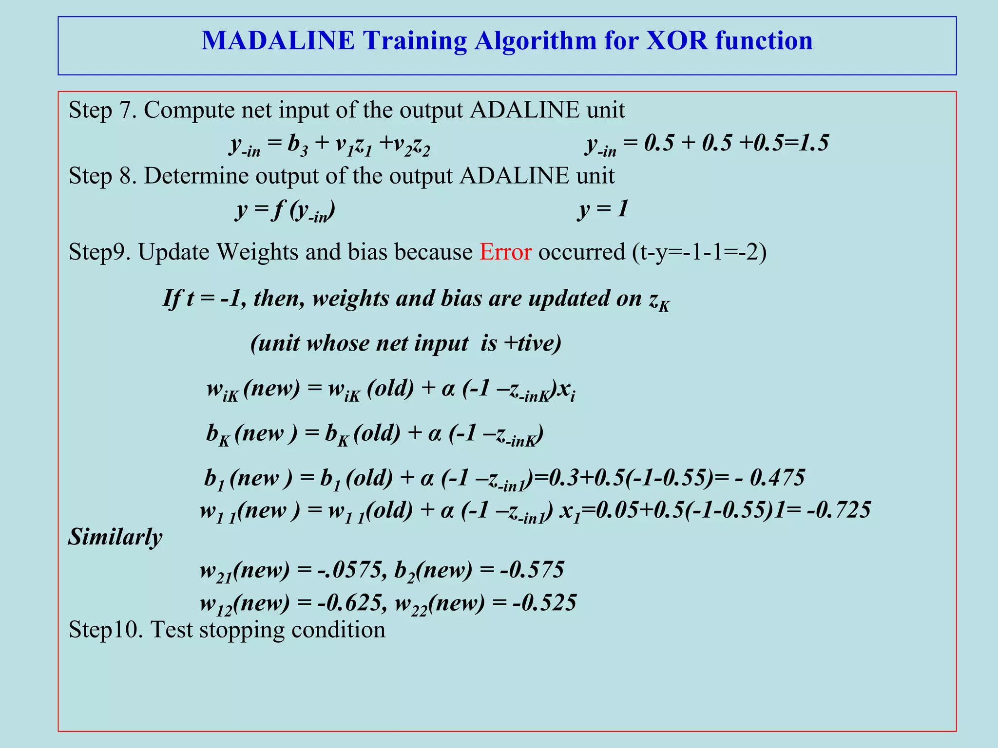 MADALINE Training Algorithm for XOR function
Step 7. Compute net input of the output ADALINE unit
y-in = b3 + v1z1 +v2z2 y-in = 0.5 + 0.5 +0.5=1.5
Step 8. Determine output of the output ADALINE unit
y = f (y-in) y = 1
Step9. Update Weights and bias because Error occurred (t-y=-1-1=-2)
If t = -1, then, weights and bias are updated on zK
(unit whose net input is +tive)
wiK (new) = wiK (old) + α (-1 –z-inK)xi
bK (new ) = bK (old) + α (-1 –z-inK)
b1 (new ) = b1 (old) + α (-1 –z-in1)=0.3+0.5(-1-0.55)= - 0.475
w1 1(new ) = w1 1(old) + α (-1 –z-in1) x1=0.05+0.5(-1-0.55)1= -0.725
Similarly
w21(new) = -.0575, b2(new) = -0.575
w12(new) = -0.625, w22(new) = -0.525
Step10. Test stopping condition
 