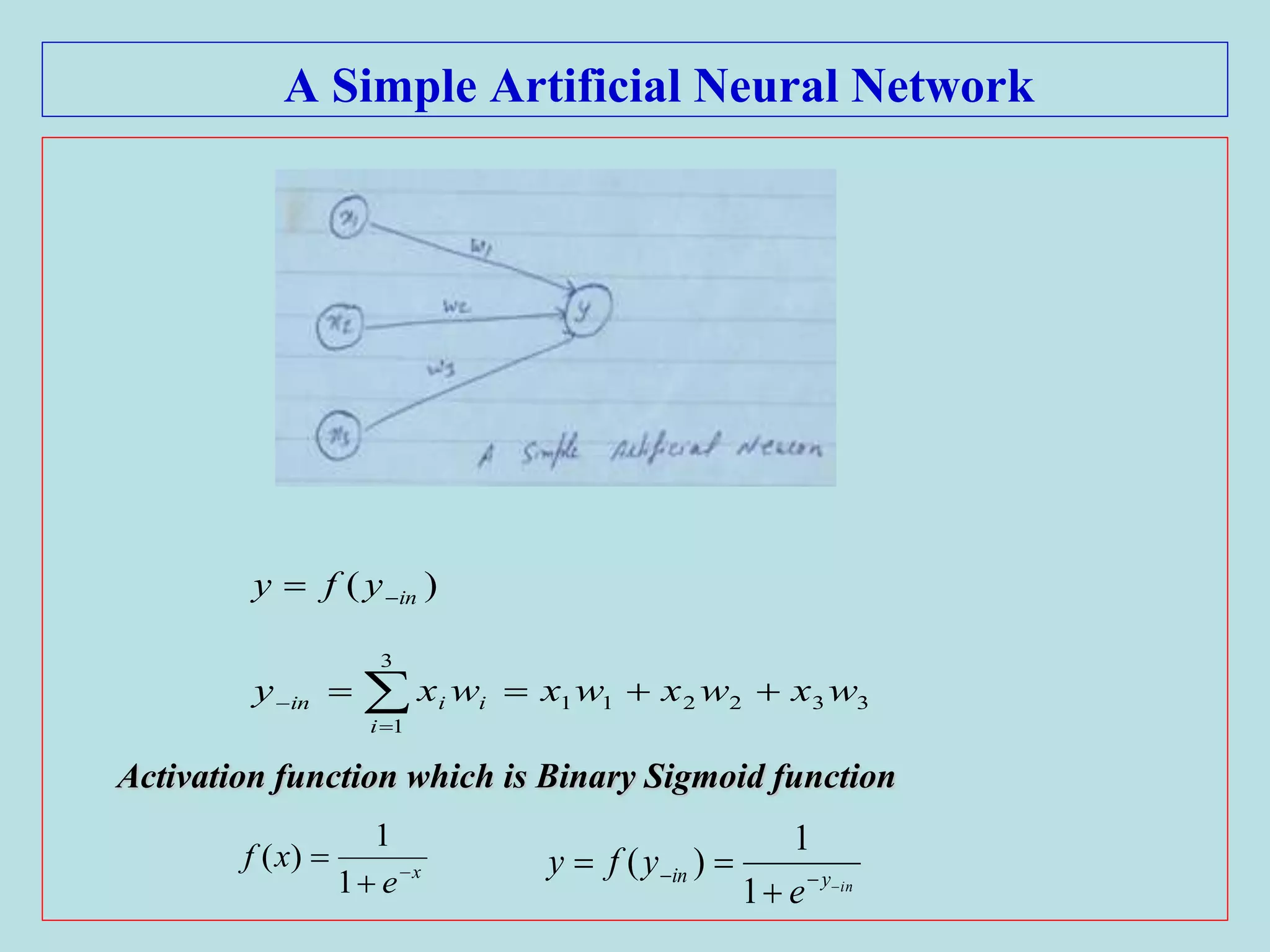 A Simple Artificial Neural Network
Activation function which is Binary Sigmoid function
)( inyfy 
x
e
xf 


1
1
)(
332211
3
1
wxwxwxwxy i
i
iin  

inyin
e
yfy 


1
1
)(
 
