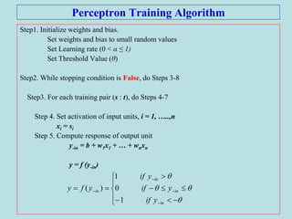 Perceptron Training Algorithm
Step1. Initialize weights and bias.
Set weights and bias to small random values
Set Learning rate (0 < α ≤ 1)
Set Threshold Value (θ)
Step2. While stopping condition is False, do Steps 3-8
Step3. For each training pair (s : t), do Steps 4-7
Step 4. Set activation of input units, i = 1, …..,n
xi = si
Step 5. Compute response of output unit
y-in = b + w1x1 + … + wnxn
y = f (y-in)
















in
in
in
in
yif
yif
yif
yfy
1
0
1
)(
 