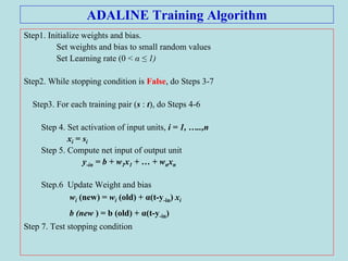 ADALINE Training Algorithm
Step1. Initialize weights and bias.
Set weights and bias to small random values
Set Learning rate (0 < α ≤ 1)
Step2. While stopping condition is False, do Steps 3-7
Step3. For each training pair (s : t), do Steps 4-6
Step 4. Set activation of input units, i = 1, …..,n
xi = si
Step 5. Compute net input of output unit
y-in = b + w1x1 + … + wnxn
Step.6 Update Weight and bias
wi (new) = wi (old) + α(t-y-in) xi
b (new ) = b (old) + α(t-y-in)
Step 7. Test stopping condition
 