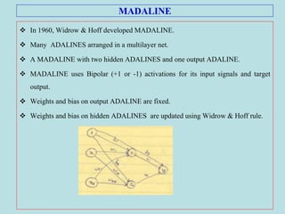 MADALINE
 In 1960, Widrow & Hoff developed MADALINE.
 Many ADALINES arranged in a multilayer net.
 A MADALINE with two hidden ADALINES and one output ADALINE.
 MADALINE uses Bipolar (+1 or -1) activations for its input signals and target
output.
 Weights and bias on output ADALINE are fixed.
 Weights and bias on hidden ADALINES are updated using Widrow & Hoff rule.
 