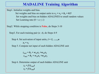 MADALINE Training Algorithm
Step1. Initialize weights and bias.
Set weights and bias on output units to v1 = v2 = b3 = 0.5
Set weights and bias on hidden ADALINES to small random values
Set Learning rate (0 < α ≤ 1)
Step2. While stopping condition is False, do Steps 3-10
Step3. For each training pair (s : t), do Steps 4-9
Step 4. Set activation of input units, i = 1, …..,n
xi = si
Step 5. Compute net input of each hidden ADALINE unit
z-in1 = b1 + w11x1 +w21x2
z-in2 = b2 + w12x1 +w22x2
Step 6. Determine output of each hidden ADALINE unit
z1 = f (z-in1)
z2 = f (z-in2)
 