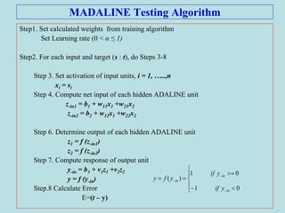 MADALINE Testing Algorithm
Step1. Set calculated weights from training algorithm
Set Learning rate (0 < α ≤ 1)
Step2. For each input and target (s : t), do Steps 3-8
Step 3. Set activation of input units, i = 1, …..,n
xi = si
Step 4. Compute net input of each hidden ADALINE unit
z-in1 = b1 + w11x1 +w21x2
z-in2 = b2 + w12x1 +w22x2
Step 6. Determine output of each hidden ADALINE unit
z1 = f (z-in1)
z2 = f (z-in2)
Step 7. Compute response of output unit
y-in = b3 + v1z1 +v2z2
y = f (y-in)
Step.8 Calculate Error
E=(t – y)











01
01
)(
in
in
in
yif
yif
yfy
 