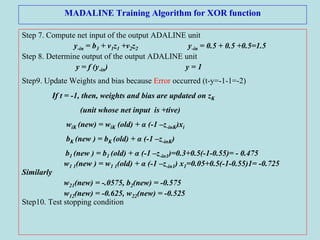 MADALINE Training Algorithm for XOR function
Step 7. Compute net input of the output ADALINE unit
y-in = b3 + v1z1 +v2z2 y-in = 0.5 + 0.5 +0.5=1.5
Step 8. Determine output of the output ADALINE unit
y = f (y-in) y = 1
Step9. Update Weights and bias because Error occurred (t-y=-1-1=-2)
If t = -1, then, weights and bias are updated on zK
(unit whose net input is +tive)
wiK (new) = wiK (old) + α (-1 –z-inK)xi
bK (new ) = bK (old) + α (-1 –z-inK)
b1 (new ) = b1 (old) + α (-1 –z-in1)=0.3+0.5(-1-0.55)= - 0.475
w1 1(new ) = w1 1(old) + α (-1 –z-in1) x1=0.05+0.5(-1-0.55)1= -0.725
Similarly
w21(new) = -.0575, b2(new) = -0.575
w12(new) = -0.625, w22(new) = -0.525
Step10. Test stopping condition
 