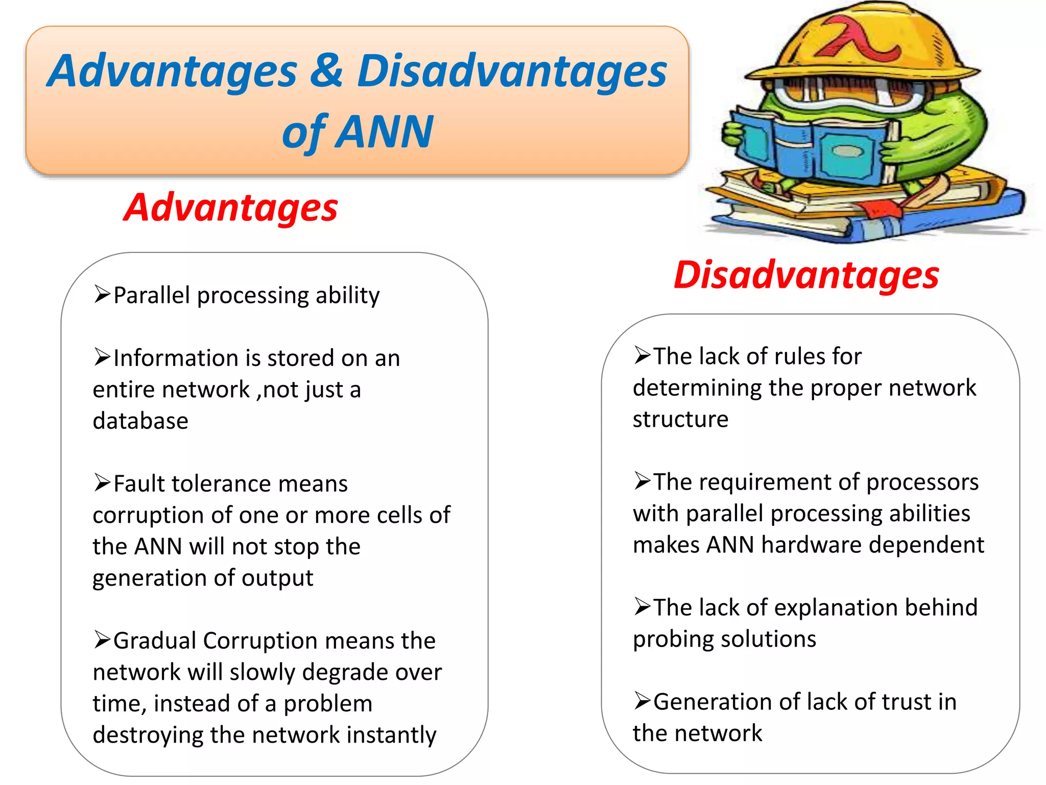 Advantages & Disadvantages
of ANN
Parallel processing ability
Information is stored on an
entire network ,not just a
database
Fault tolerance means
corruption of one or more cells of
the ANN will not stop the
generation of output
Gradual Corruption means the
network will slowly degrade over
time, instead of a problem
destroying the network instantly
The lack of rules for
determining the proper network
structure
The requirement of processors
with parallel processing abilities
makes ANN hardware dependent
The lack of explanation behind
probing solutions
Generation of lack of trust in
the network
Advantages
Disadvantages
 