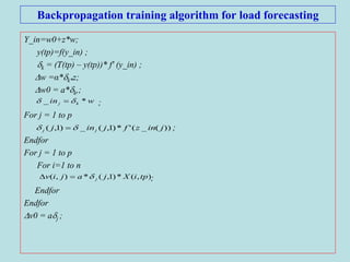 Backpropagation training algorithm for load forecasting
Y_in=w0+z*w;
y(tp)=f(y_in) ;
k = (T(tp) – y(tp))* f' (y_in) ;
w =α*k*z;
w0 = a*k,;
;
For j = 1 to p
;
Endfor
For j = 1 to p
For i=1 to n
;
Endfor
Endfor
v0 = aj ;
win kj *_  
))(_('*)1,(_)1,( jinzfjinj jj  
),(*)1,(*),( tpiXjajiv j
 
