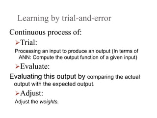Learning by trial‐and‐error
Continuous process of:
Trial:
Processing an input to produce an output (In terms of
ANN: Compute the output function of a given input)
Evaluate:
Evaluating this output by comparing the actual
output with the expected output.
Adjust:
Adjust the weights.
 