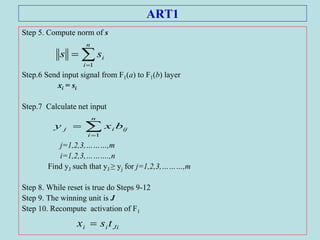 ART1
Step 5. Compute norm of s
Step.6 Send input signal from F1(a) to F1(b) layer
xi = si
Step.7 Calculate net input
j=1,2,3,………,m
i=1,2,3,……….,n
Find yJ such that yJ ≥ yj for j=1,2,3,………,m
Step 8. While reset is true do Steps 9-12
Step 9. The winning unit is J
Step 10. Recompute activation of F1


n
i
iss
1


n
i
ijij bxy
1
Jiii tsx 
 