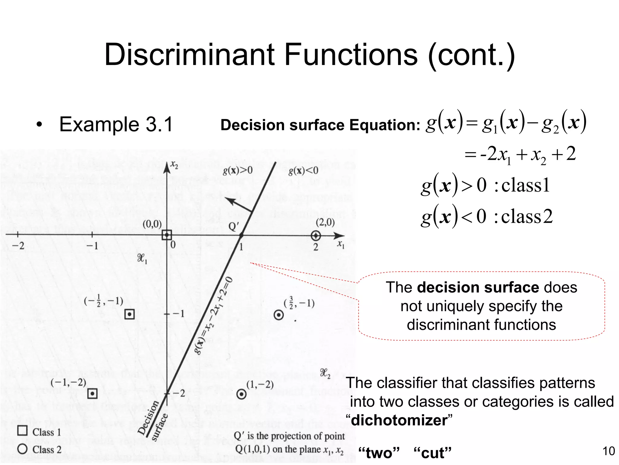 Discriminant Functions (cont.)

• Example 3.1   Decision surface Equation:   g ( x ) = g1 ( x ) − g 2 ( x )
                                                    = -2 x1 + x2 + 2
                                             g ( x ) > 0 : class1
                                             g ( x ) < 0 : class 2


                                      The decision surface does
                                        not uniquely specify the
                                         discriminant functions


                                The classifier that classifies patterns
                                 into two classes or categories is called
                                “dichotomizer”

                                 “two” “cut”                                  10
 