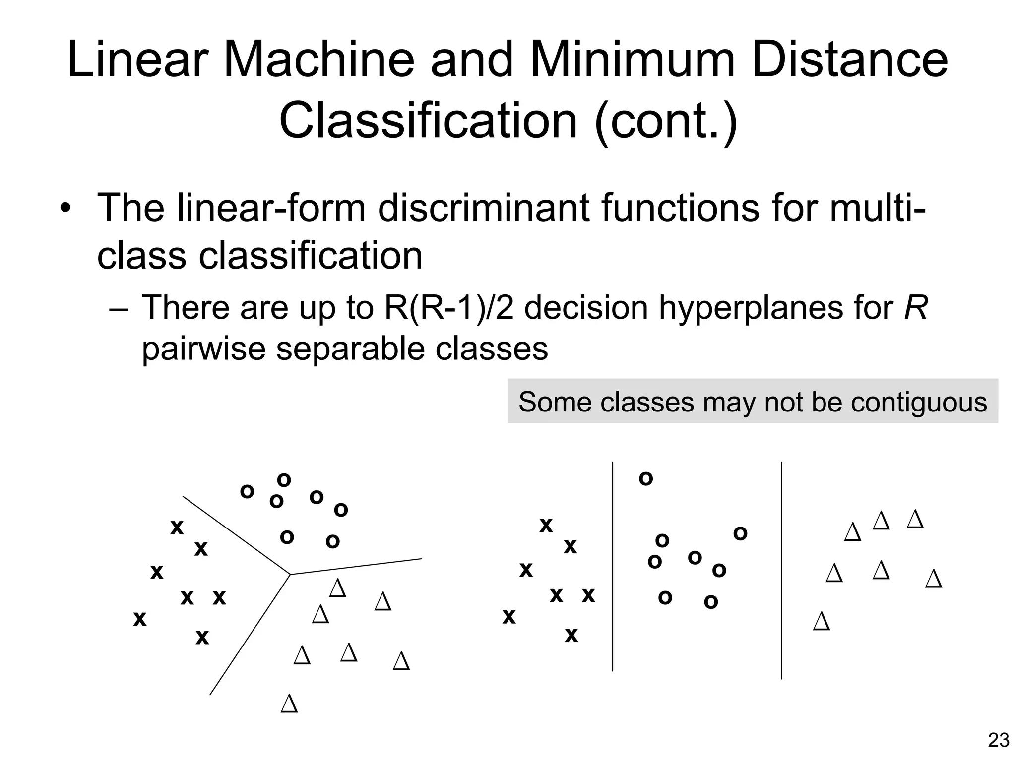 Linear Machine and Minimum Distance
        Classification (cont.)
• The linear-form discriminant functions for multi-
  class classification
   – There are up to R(R-1)/2 decision hyperplanes for R
     pairwise separable classes
                                      Some classes may not be contiguous

                      o                           o
                    o o o
                          o                                        Δ
            x          o o                x
                                                  o      o    ΔΔ
                x                             x
        x                             x           o oo       Δ Δ
                           Δ                                       Δ
            x x                           x x      o o
    x                     Δ Δ     x                          Δ
                x                             x
                       Δ Δ    Δ
                      Δ
                                                                           23
 