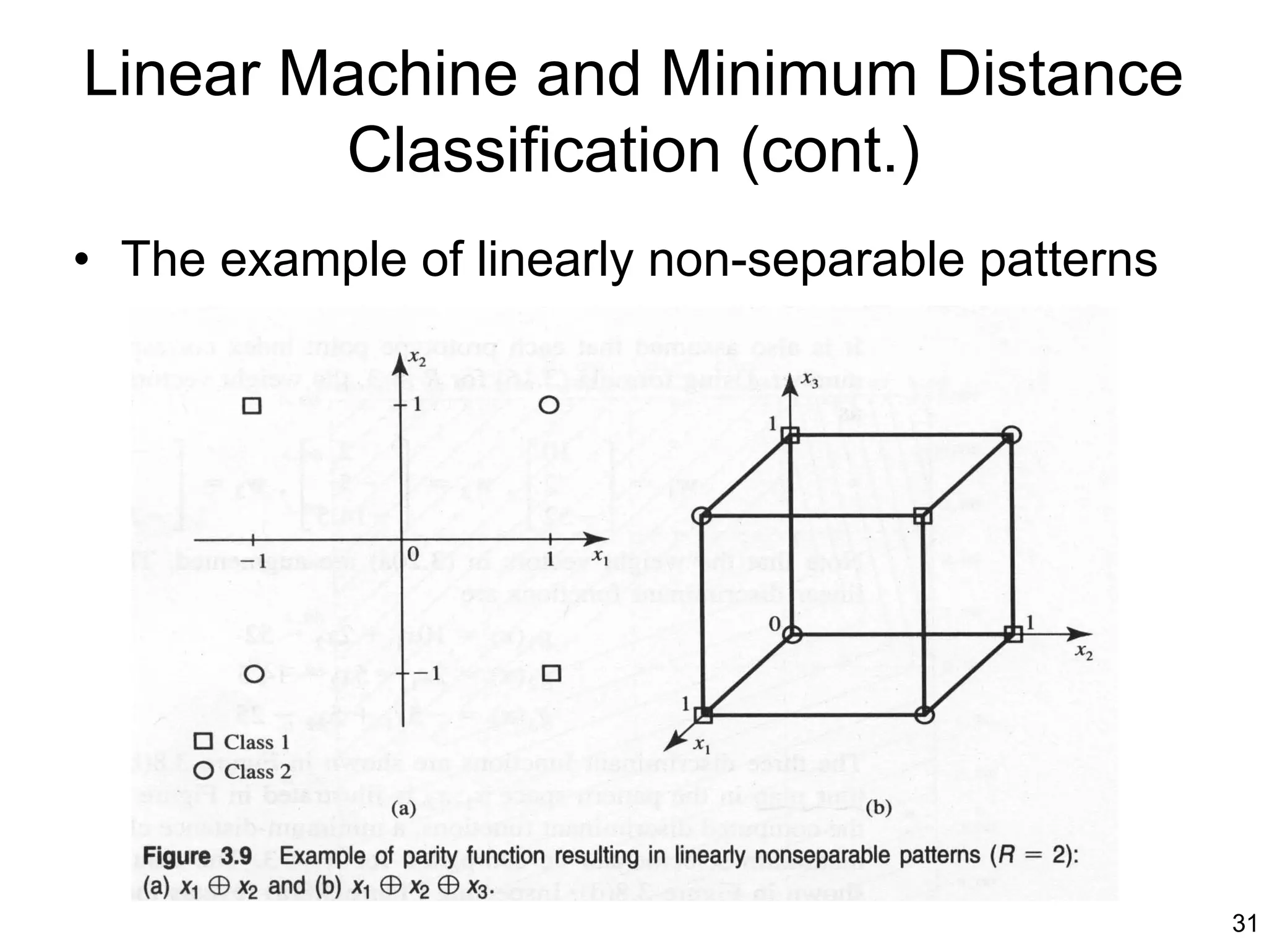 Linear Machine and Minimum Distance
        Classification (cont.)
• The example of linearly non-separable patterns




                                                   31
 