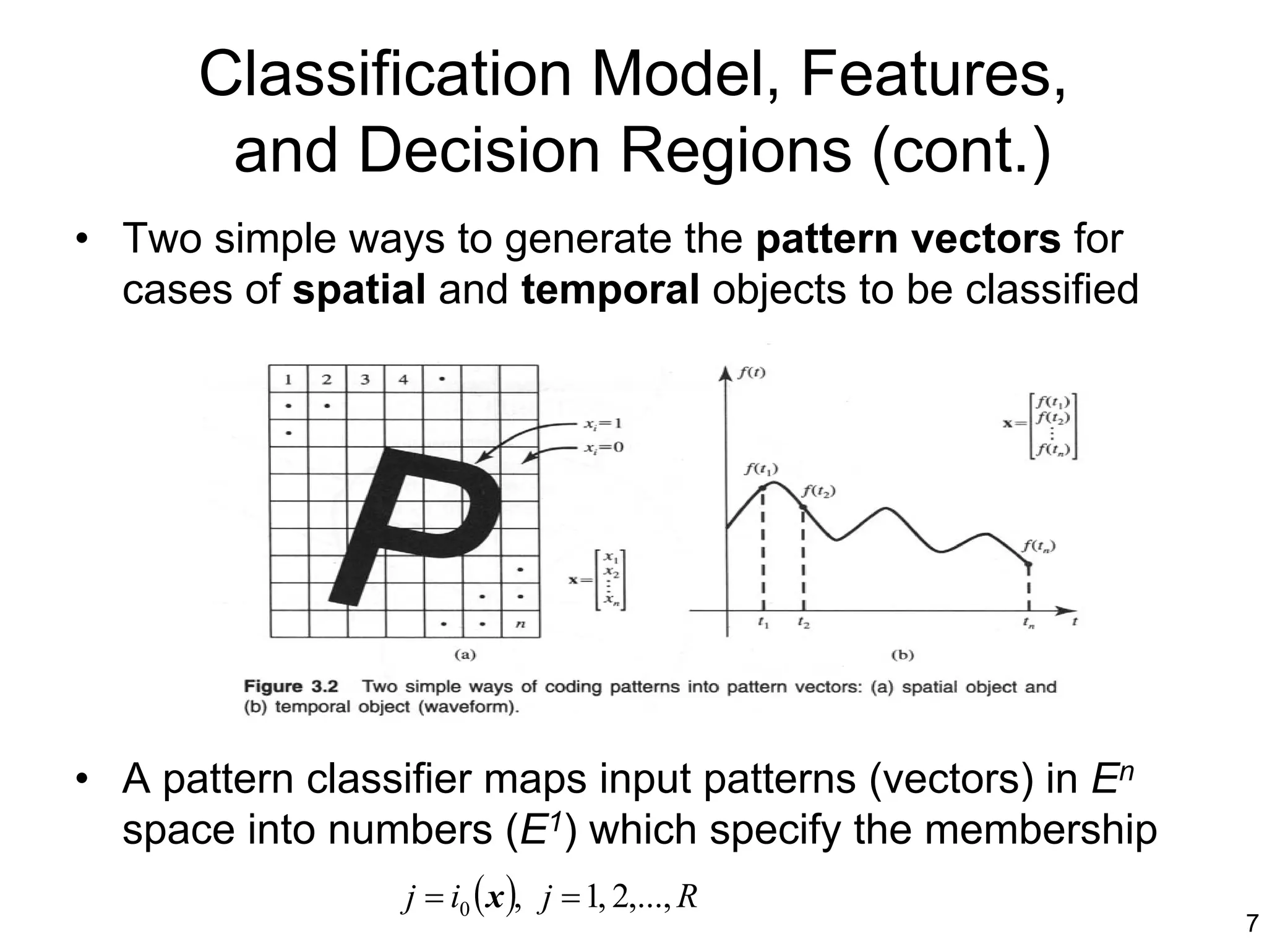 Classification Model, Features,
       and Decision Regions (cont.)
• Two simple ways to generate the pattern vectors for
  cases of spatial and temporal objects to be classified




• A pattern classifier maps input patterns (vectors) in En
  space into numbers (E1) which specify the membership
                 j = i0 ( x ), j = 1, 2,..., R
                                                             7
 