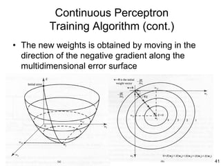 Continuous Perceptron
         Training Algorithm (cont.)
• The new weights is obtained by moving in the
  direction of the negative gradient along the
  multidimensional error surface




                                                 41
 