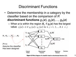 Discriminant Functions
  • Determine the membership in a category by the
    classifier based on the comparison of R
    discriminant functions g1(x), g2(x),…, gR(x)
      – When x is within the region Xk if gk(x) has the largest
        value i0 ( x ) = k if g k ( x ) > g j ( x ) for k, j = 1, 2 ,..., R, k ≠ j
                                             g1
                           x1                              g1(x)
x1, x2,…., xp, ….,xP       x2                g2
                                                   g2(x)

P>>n                                                       gR(x)
                          xn
Assume the classifier
                                             gR
Has been designed


                                                                                     9
 