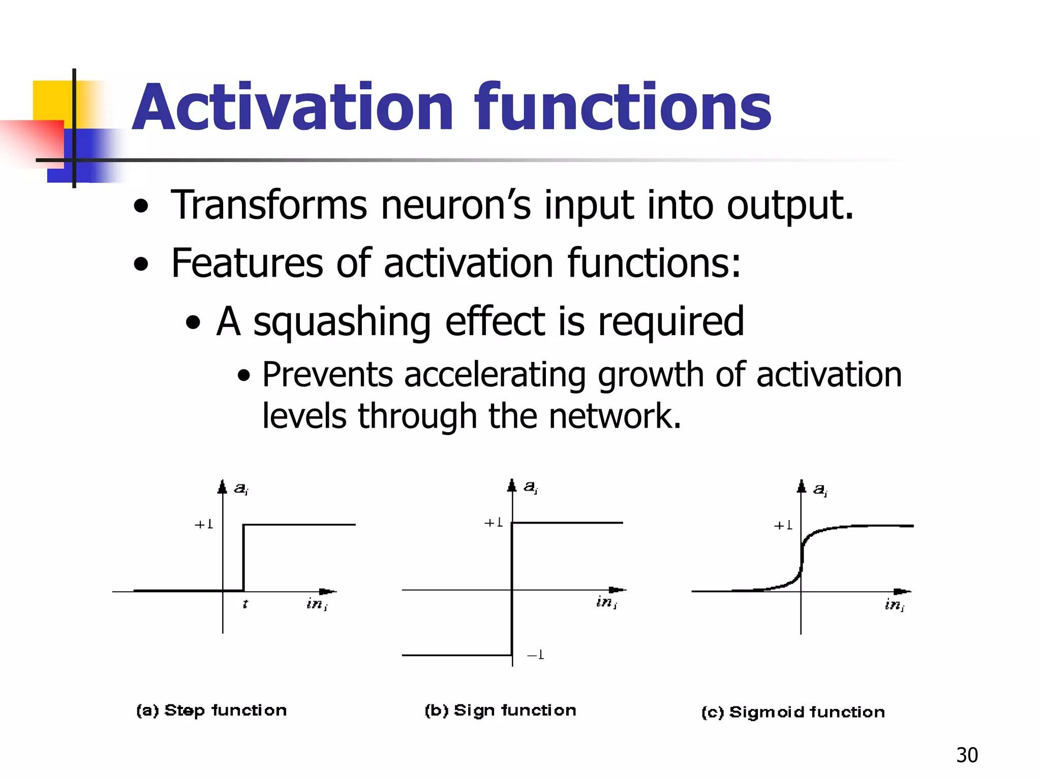 30
Activation functions
• Transforms neuron’s input into output.
• Features of activation functions:
• A squashing effect is required
• Prevents accelerating growth of activation
levels through the network.
• Simple and easy to calculate
 