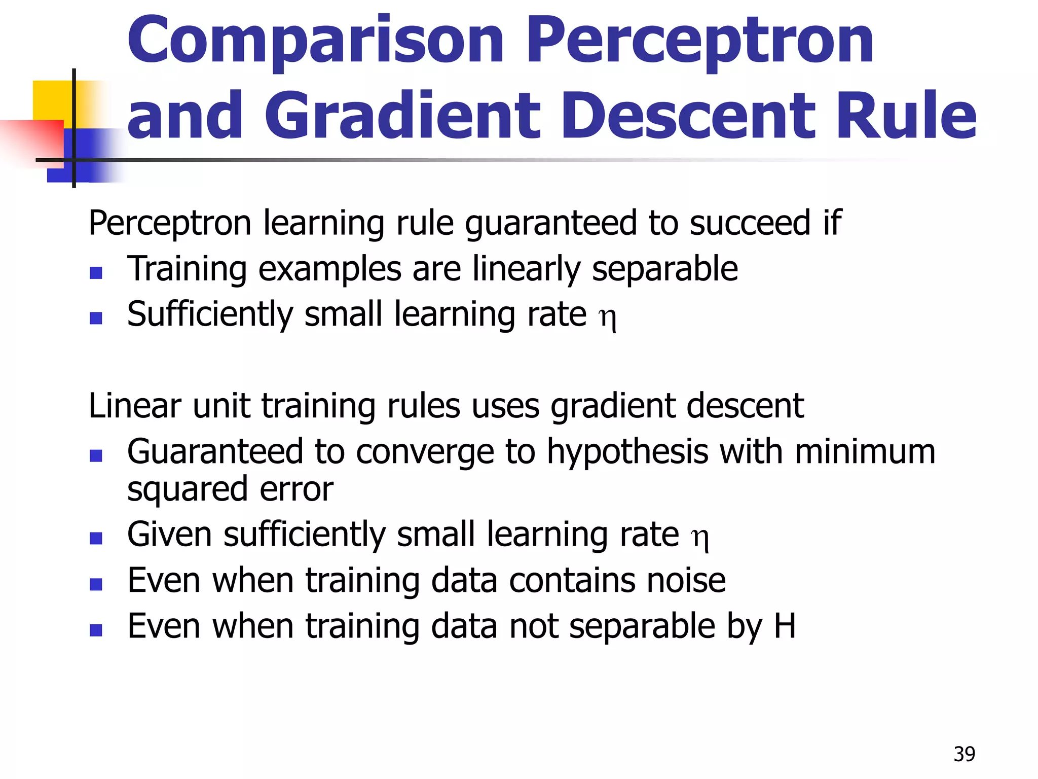 39
Comparison Perceptron
and Gradient Descent Rule
Perceptron learning rule guaranteed to succeed if
 Training examples are linearly separable
 Sufficiently small learning rate 
Linear unit training rules uses gradient descent
 Guaranteed to converge to hypothesis with minimum
squared error
 Given sufficiently small learning rate 
 Even when training data contains noise
 Even when training data not separable by H
 